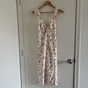 Abercrombie & Fitch XS Floral Midi Dress White Orange Tie Front Slit Sleeveless